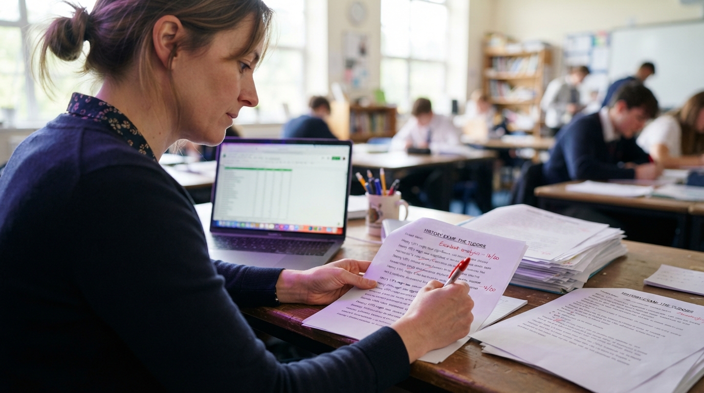 Teacher reviewing an AI-annotated scanned exam script on screen, with cyan margin comments and a per-question mark tally, exam papers and a scanner on the desk