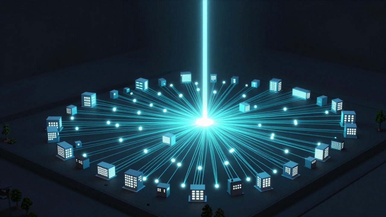 Abstract illustration of a luminous spine of light branching out to glowing campus buildings, representing one platform running the whole campus