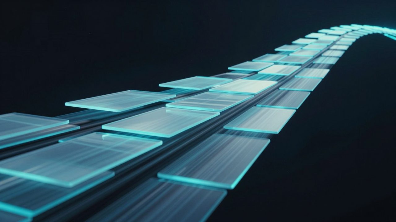 Abstract illustration of weightless sheets flowing along a curved path and brightening, representing a fee invoice moving from draft to paid