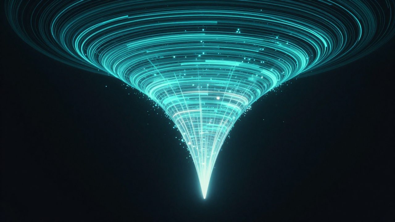 Abstract illustration of particles spiralling down a tapering funnel of light into a focused beam, representing a staged rollout going live