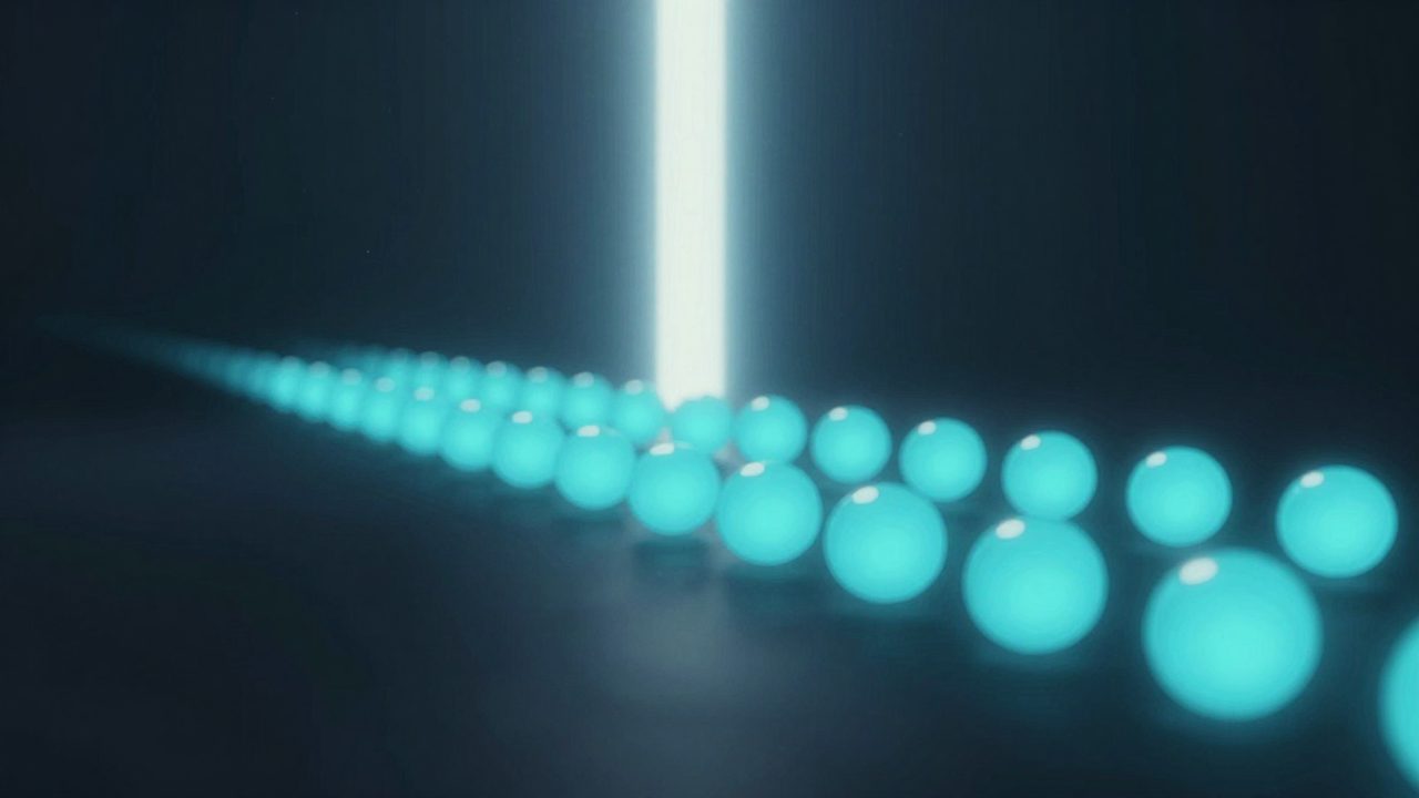 Abstract illustration of glowing orbs advancing single file through a bright threshold, representing records moving across from an old system