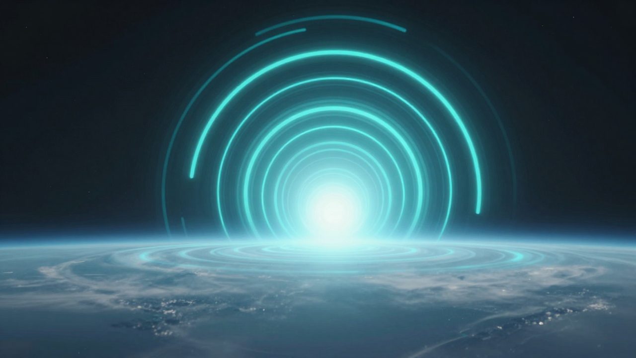 Abstract illustration of concentric alert rings expanding from a single bright point, representing a support request reaching a real person