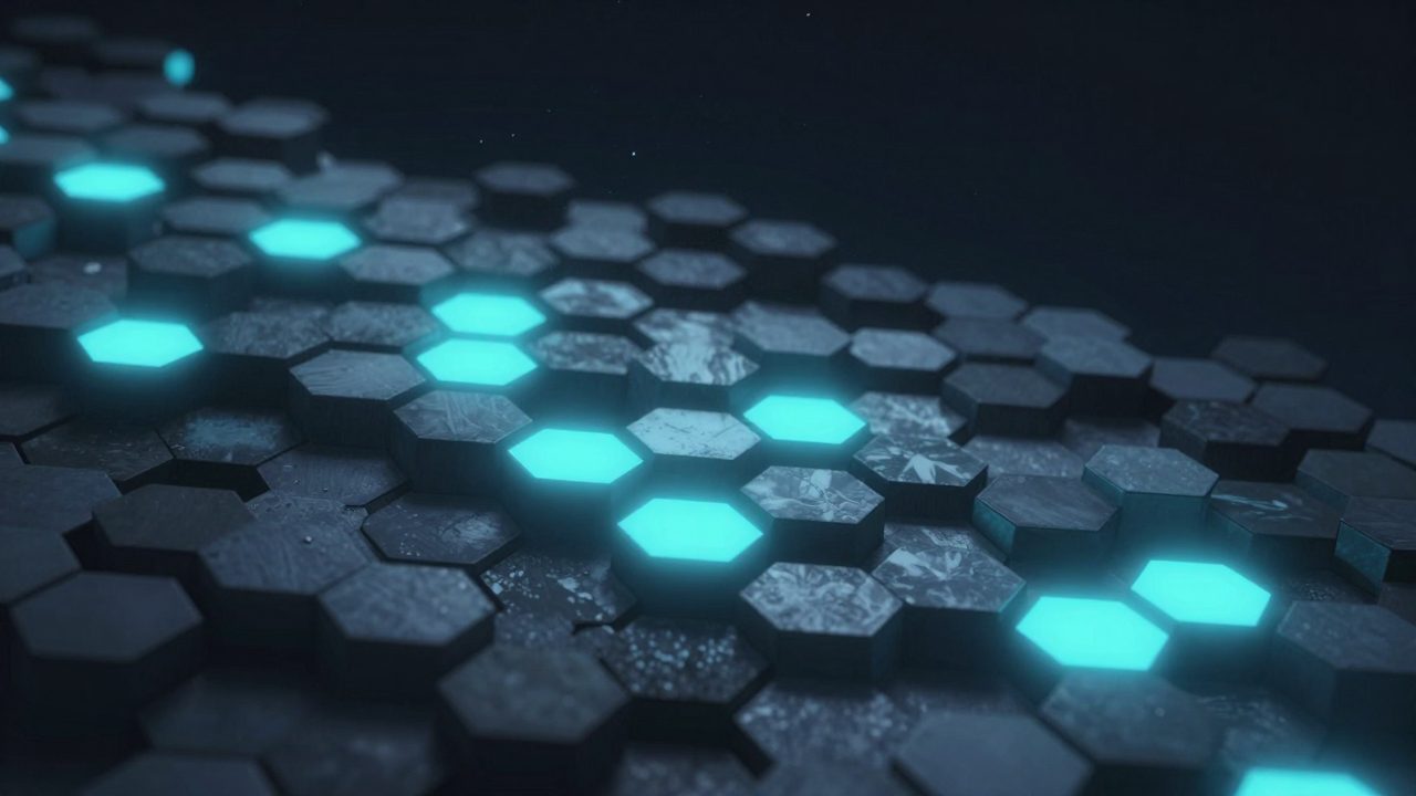 Abstract illustration of a honeycomb of cells with a scattered few lit bright, representing classroom and facility slots being claimed