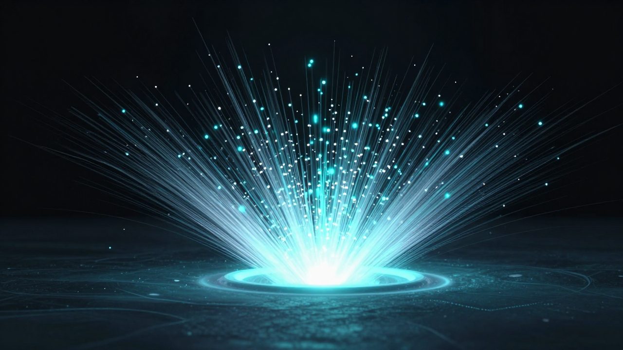 Abstract illustration of a bright point of impact throwing an expanding ring of light particles, representing clear pricing at the moment of decision