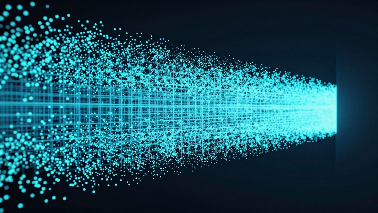 Abstract illustration of particles resolving from a scatter into an ordered lattice as they pass a gateway of light, representing invoices being validated before submission